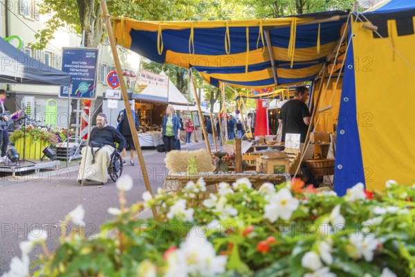 Colourful market scene with tents, flowers and people in motion, Sindelfingen, Böblingen district,
