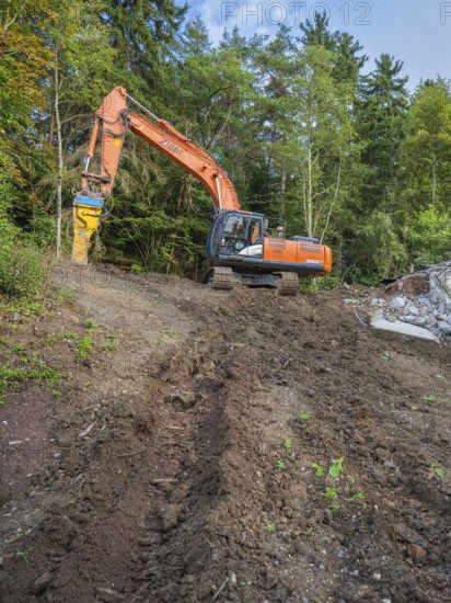 An excavator working on a pile of earth in a wooded area with a clear sky, bridge demolition, Calw,