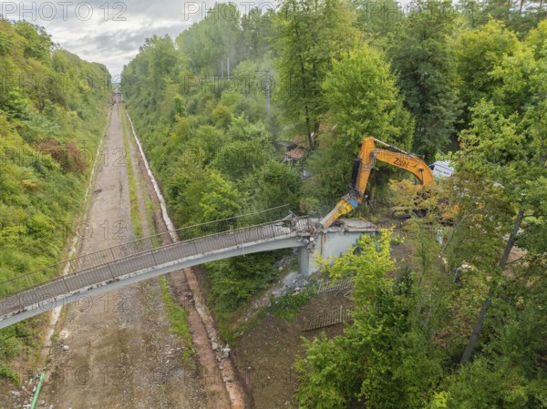 An excavator demolishes a bridge in the forest, surrounded by dense greenery and under a cloudy