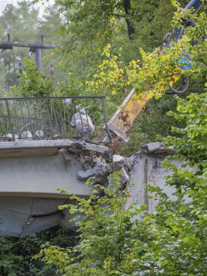 An excavator tears down a bridge, railing surrounded by trees and leaves, bridge demolition, Calw,