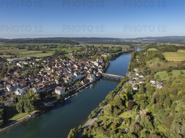 Aerial view of Diessenhofen with the historic wooden bridge over the Rhine, Canton Thurgau,