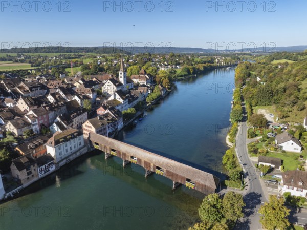 Aerial view of Diessenhofen with the historic wooden bridge over the Rhine, Canton Thurgau,