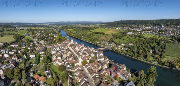 Aerial view, panorama of Diessenhofen with the historic wooden bridge over the Rhine, on the right