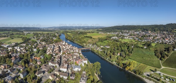 Aerial view, panorama of Diessenhofen with the historic wooden bridge over the Rhine, on the right