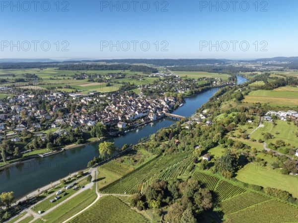 Aerial view of Diessenhofen with the historic wooden bridge over the Rhine, in the foreground a