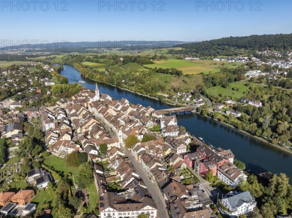 Aerial view of Diessenhofen with the historic wooden bridge over the Rhine, Canton Thurgau,