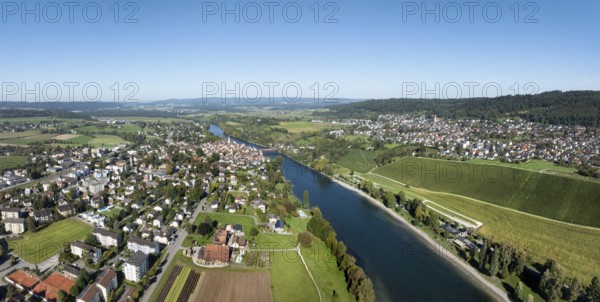Aerial view, panorama of Diessenhofen with the historic wooden bridge over the Rhine, on the right
