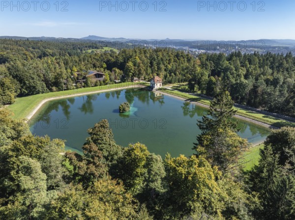 Aerial view of the Engeweiher above Schaffhausen, built in 1907 and the first pumped storage plant