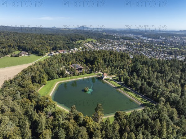 Aerial view of the Engeweiher above Schaffhausen, built in 1907 and the first pumped storage plant