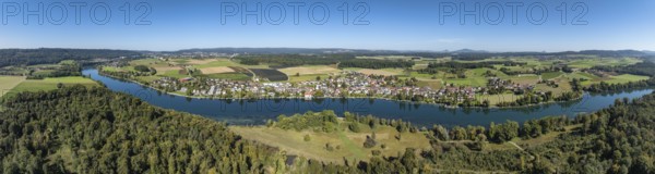 Aerial view, panorama of the municipality and enclave of Büsingen am Hochrhein, Rhine, on the right
