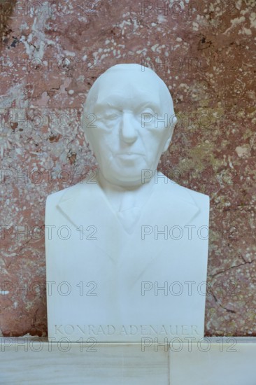 Serious marble bust of Konrad Adenauer, white marble against a red background, Walhalla,