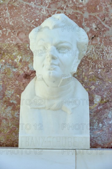 Marble bust of Franz Schubert, musical expression against a red background, Walhalla, Donaustauf,