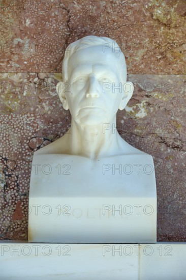 Marble bust of Moltke against a red background, classical style with a serious expression,