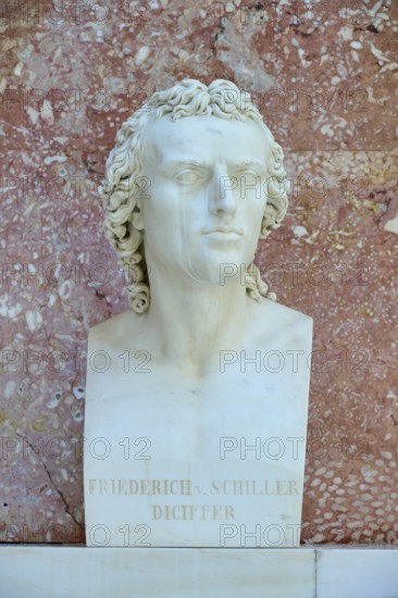 Marble bust of Friedrich Schiller, poet, against a reddish background, Walhalla, Donaustauf,