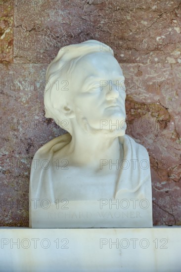 Artistic marble bust of Richard Wagner with an expressive face against a red background, Walhalla,