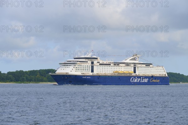 Ferry of the Color Line on the sea with cloudy sky, Heikendorf, district Plön, Kieler Förde,