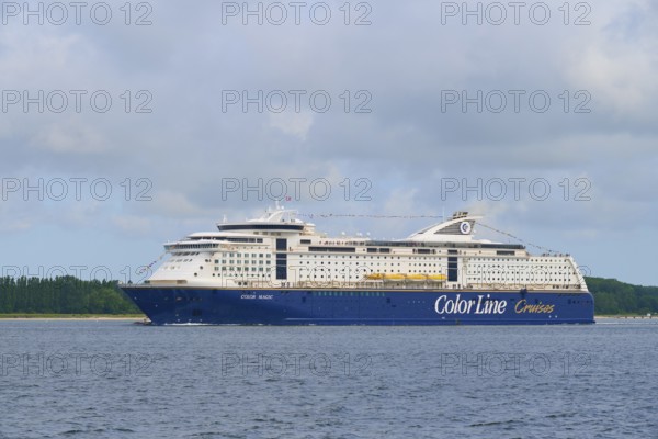Large Color Line ferry on the sea under a cloudy sky, Heikendorf, Plön district, Kiel Fjord,