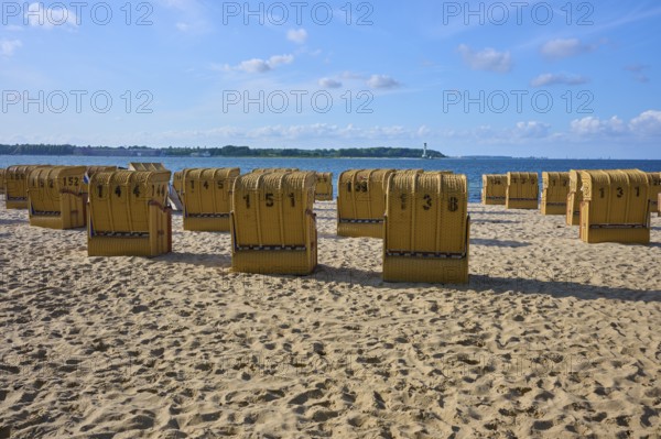 Row of numbered beach chairs under a blue sky on a sunny sandy beach, Heikendorf, Plön district,