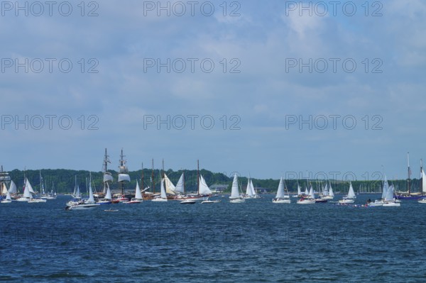 Numerous sailing boats and a large sailing ship on the open sea with a coastal view, Windjammer