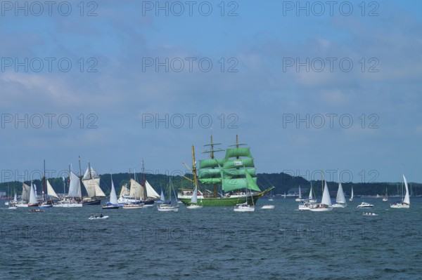 Many sailing boats on the ocean, a large green sailing ship Alexander von Humbold 2 in the centre