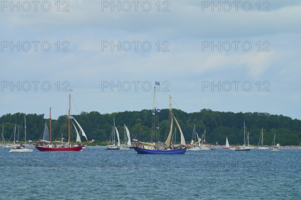 Sailing boats and yachts on calm water with wooded coastline and cloudy sky, Windjammer Parade Kiel