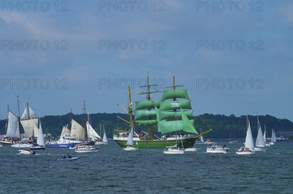 Large sailing regatta on the sea. Various ships, including a striking green sailing ship Alexander