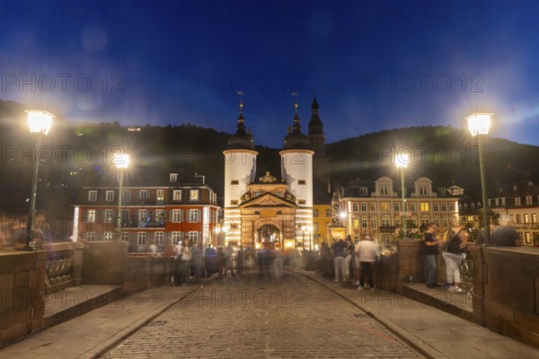 City Gate Old Bridge, River, Blue Hour, Heidelberg, Electoral Palatinate, Baden-Württemberg,