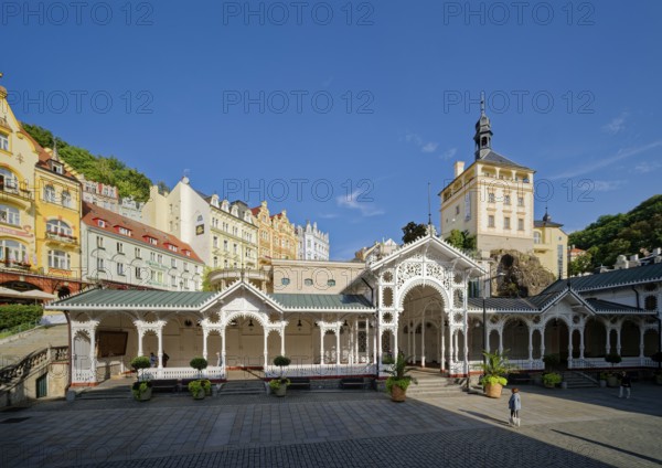 Swiss-style market colonnade and Gothic castle tower, spa, healing spring, health, mineral, mineral