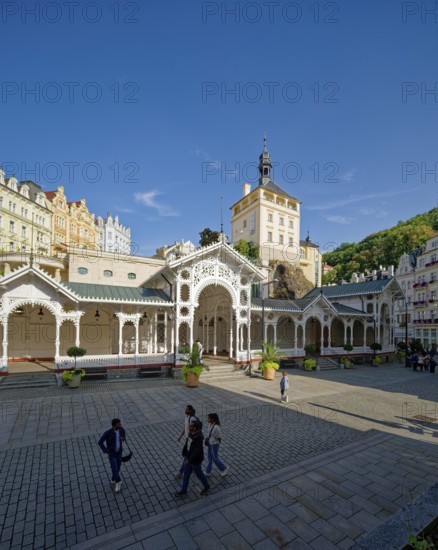 Swiss-style market colonnade and Gothic castle tower, spa, healing spring, health, mineral, mineral