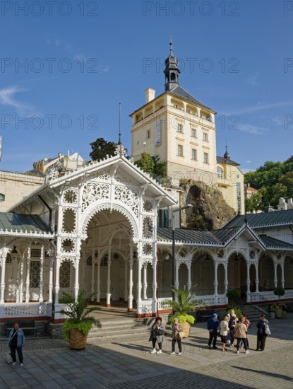 Swiss-style market colonnade and Gothic castle tower, spa, healing spring, health, mineral, mineral