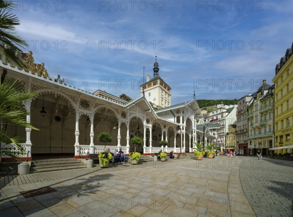 Swiss-style market colonnade and Gothic castle tower, spa, healing spring, health, mineral, mineral