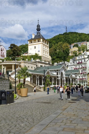 Swiss-style market colonnade and Gothic castle tower, spa, healing spring, health, mineral, mineral
