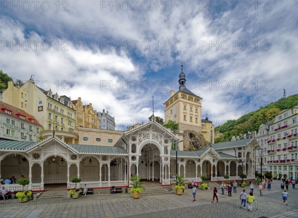 Swiss-style market colonnade and Gothic castle tower, spa, healing spring, health, mineral, mineral