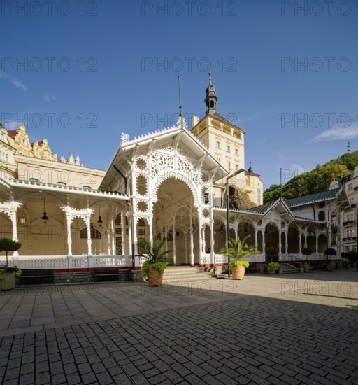 Swiss-style market colonnade and Gothic castle tower, spa, healing spring, health, mineral, mineral