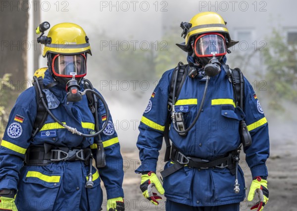 Civil defence exercise scenario, after a drone attack on a residential area, emergency services