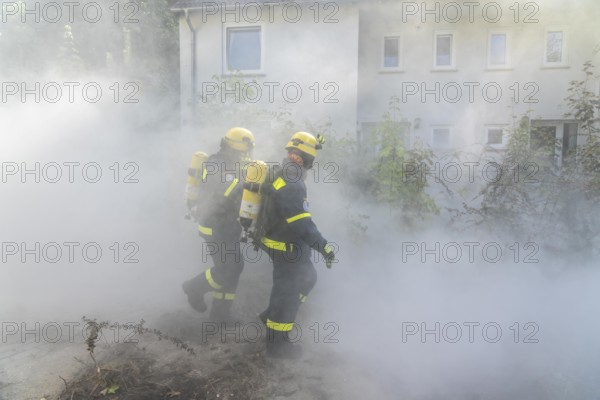 Civil defence exercise scenario, after a drone attack on a residential area, emergency services