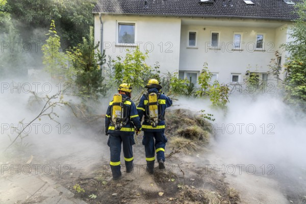 Civil defence exercise scenario, after a drone attack on a residential area, emergency services