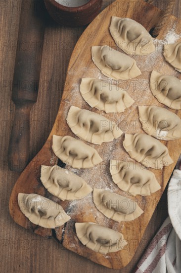 Gyoza cooking, on a cutting board, gyoza Japanese dumplings, top view, selective processing, raw