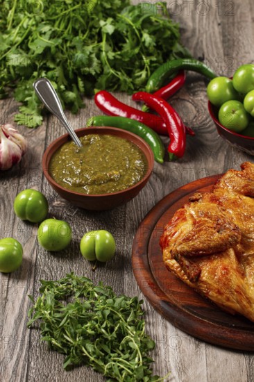 Baked tobacco chicken, served with tkemali sauce, on a wooden table, Georgian cuisine, rustic