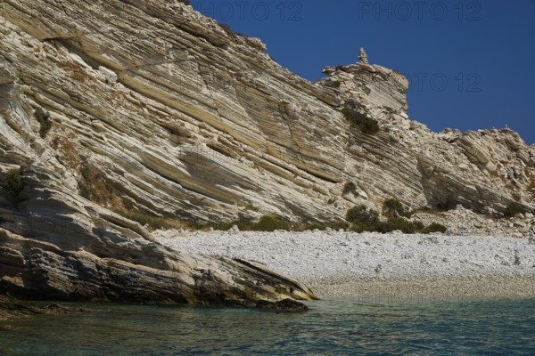 Rock formations over a calm turquoise sea with a clear sky above, White Cliffs, White Beach, Makri