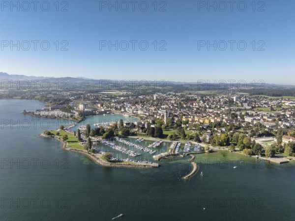 Harbour area, ferry port, yacht harbour, marina of the city of Romanshorn with Seepark, aerial