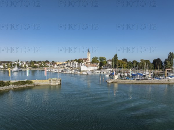 Harbour area, entrance from the ferry port, marina of Romanshorn with Seepark, aerial view,