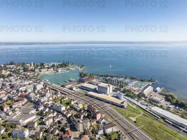 The town of Romanshorn with the main railway station, harbour area, ferry port, marina, aerial