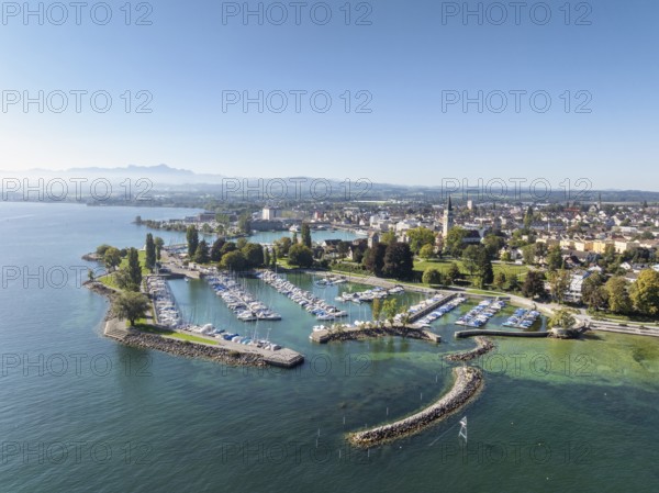 Harbour area, ferry port, yacht harbour, marina of the town of Romanshorn with Seepark, on the left