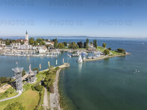 Harbour area, ferry port, yacht harbour, marina of Romanshorn with adventure playground on the
