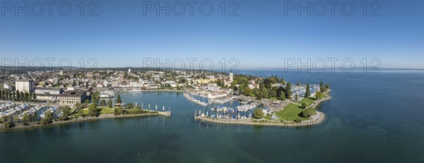 Harbour area, ferry port, yacht harbour, marina of Romanshorn with Seepark, aerial view, panorama,