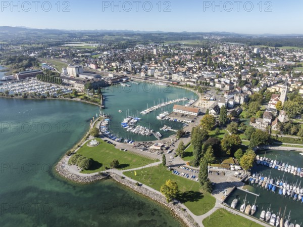 Harbour area, ferry port, yacht harbour, marina of the city of Romanshorn with Seepark, aerial