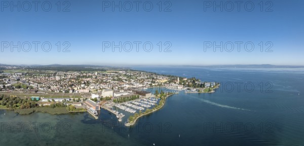 Harbour area, ferry port, yacht harbour, marina of the city of Romanshorn with Seepark, aerial