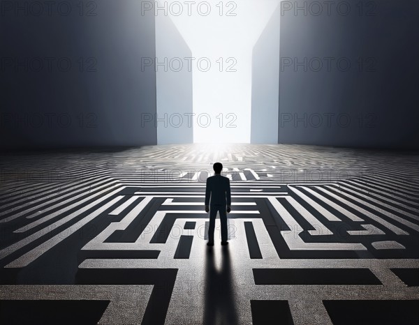 A lone individual stands at the edge of a large circular maze, contemplating choices and challenges