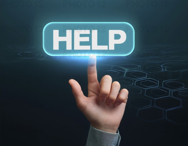 Hand point at an illuminated 'Help' button against a dark background with digital hexagonal